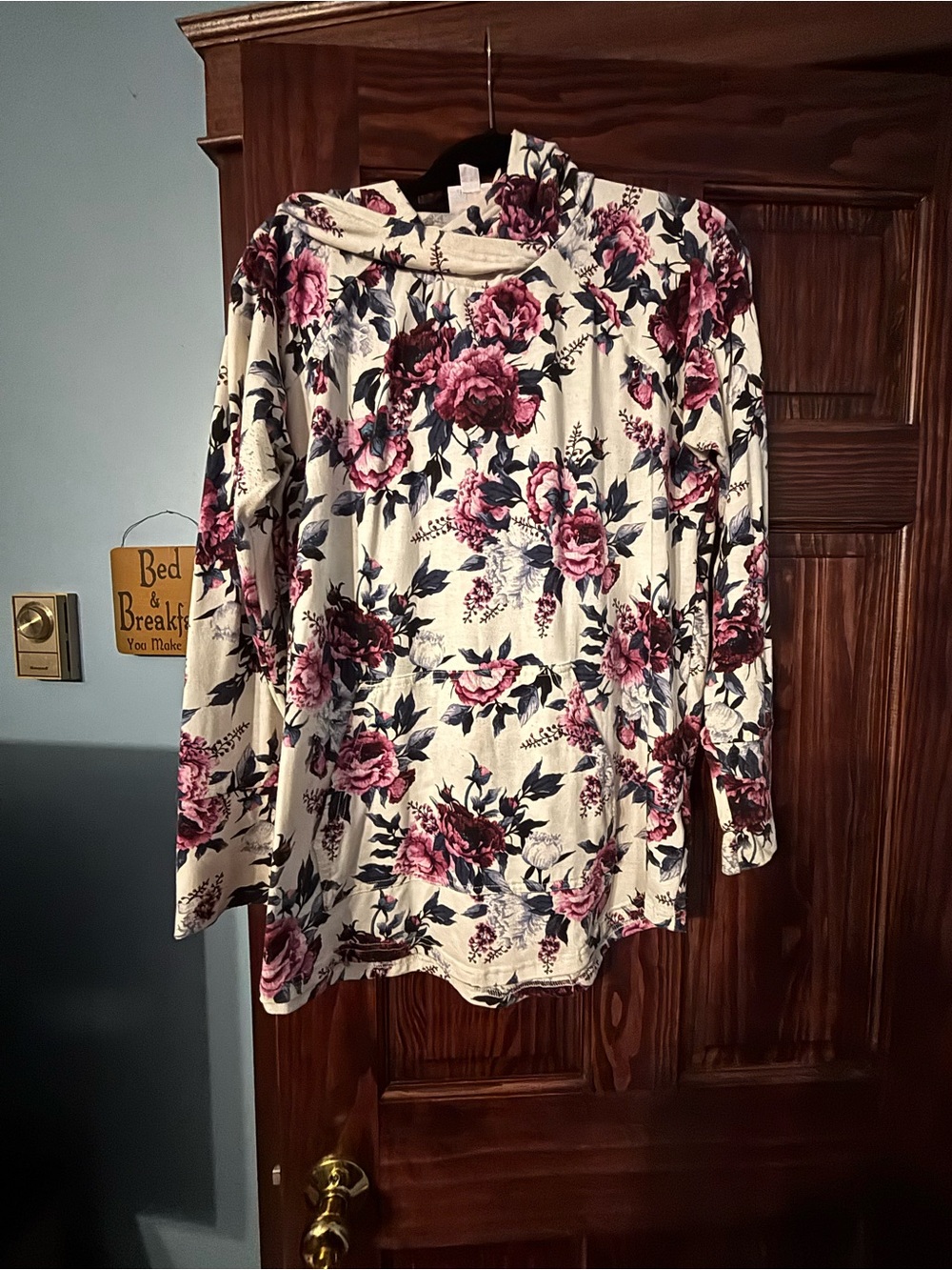 LuLaRoe Cream Hooded Top with Pink Floral Print
